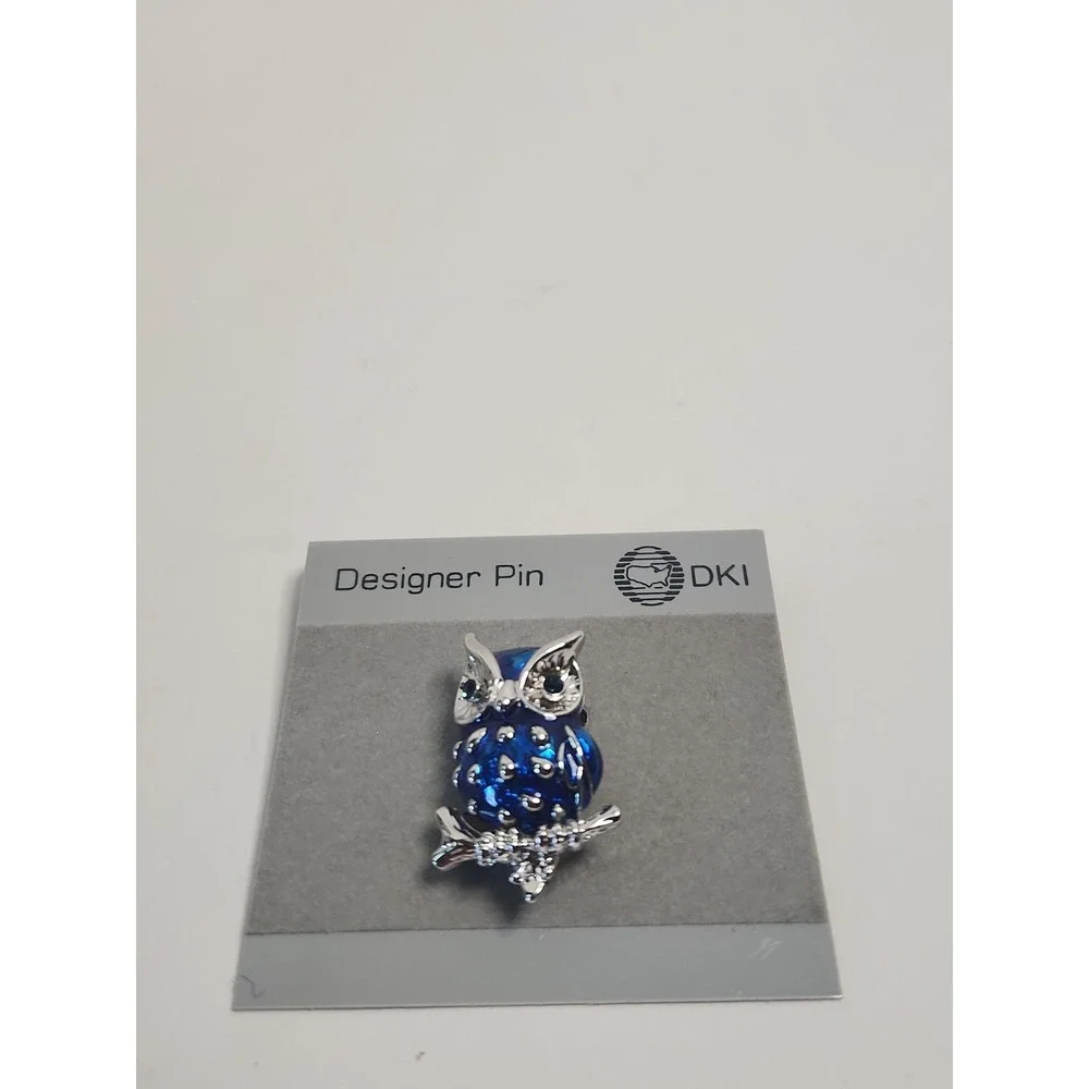 Vintage DKI Designer Pin Blue Enamel Owl Brooch 1980s On Original Card NOS 1.25